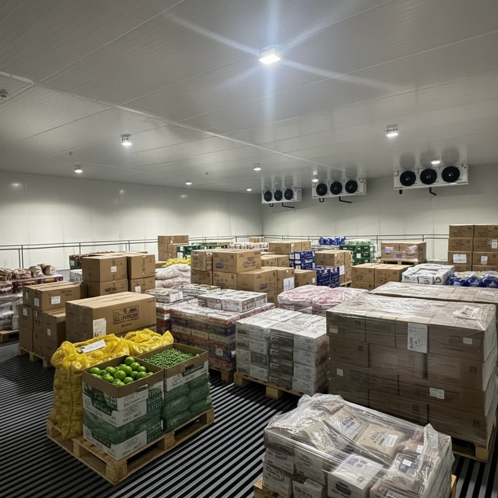 Large refrigerated truck being loaded at a docking station.