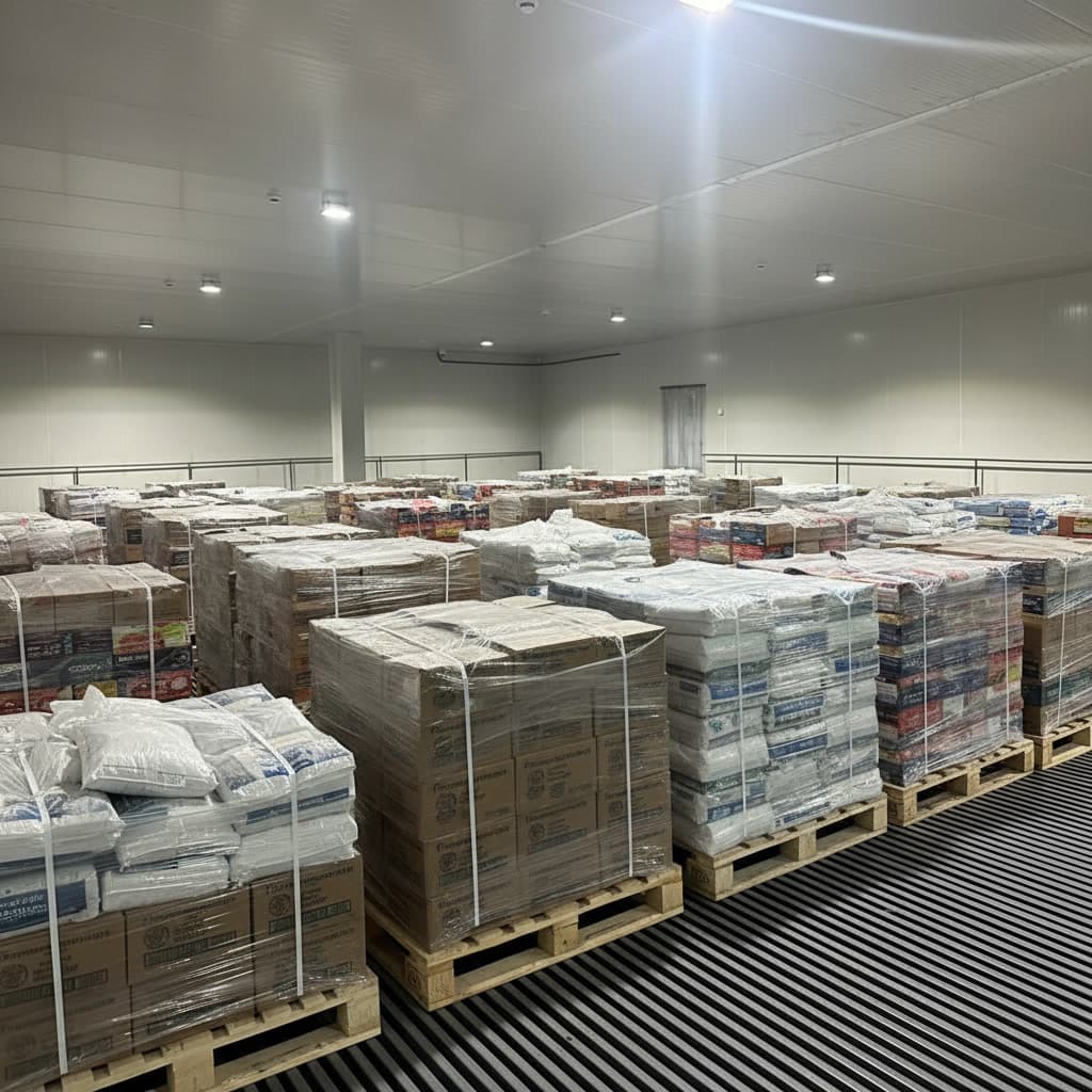 Large refrigerated truck being loaded at a docking station.